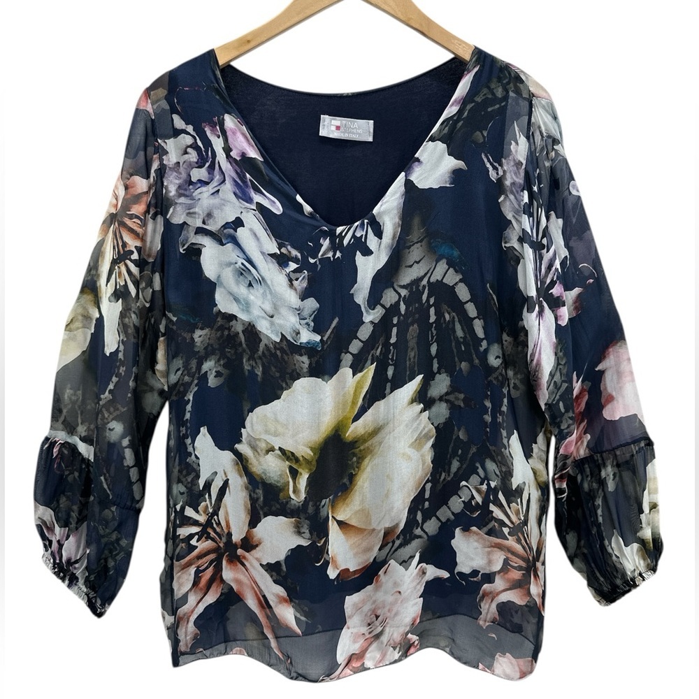 Tina Stephens Italian Silk Floral Blouse Sheer Puff Sleeve V Neck Romantic XL